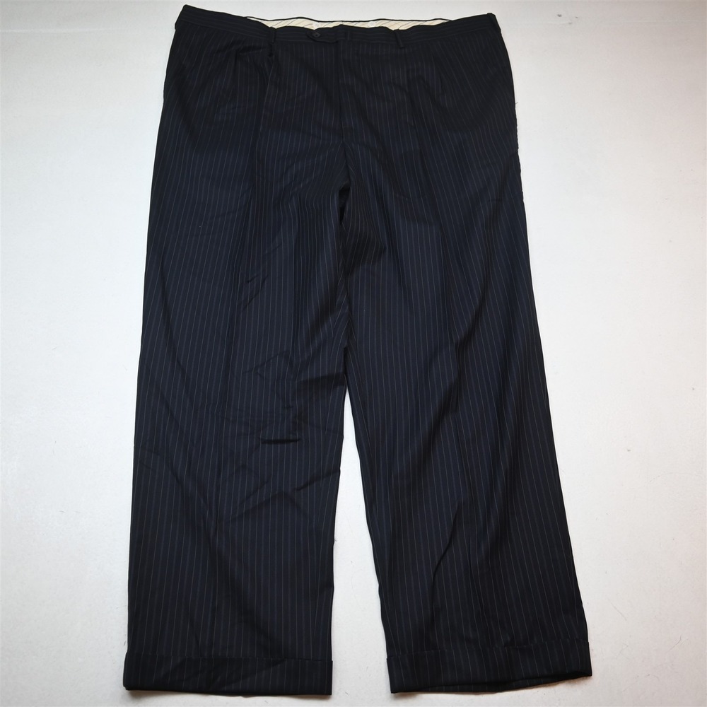 Bespoke 48x32 Navy Blue Striped Wool Pleated Cuffed Classic Dress Mens Pants